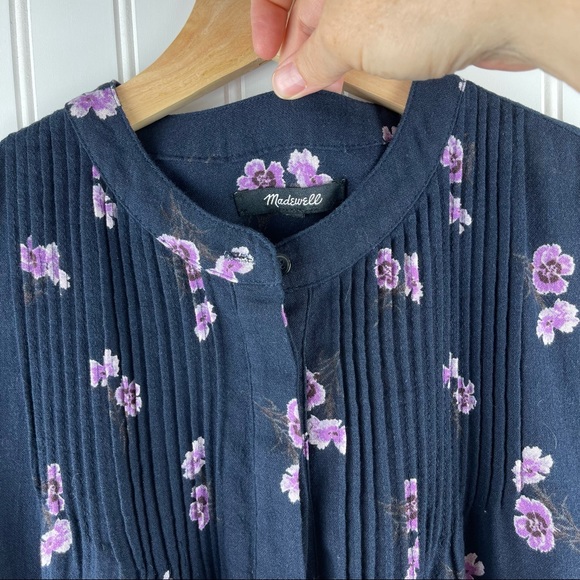 Madewell Popover Pansy Bouquet Pin Tuck Peasant Floral Top Navy F5655 - Picture 7 of 10